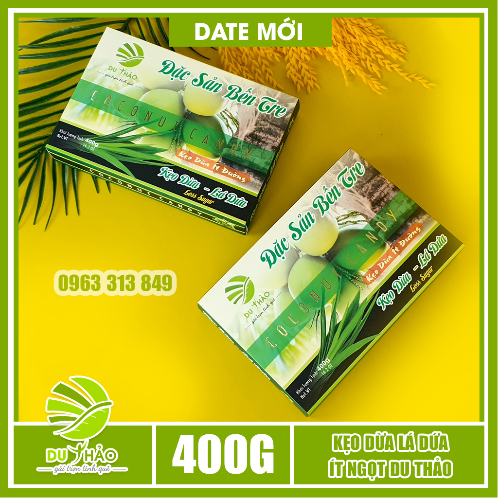Kẹo dừa lá dứa Bến Tre ít ngọt Du Thảo 400g, đặc sản miền Tây