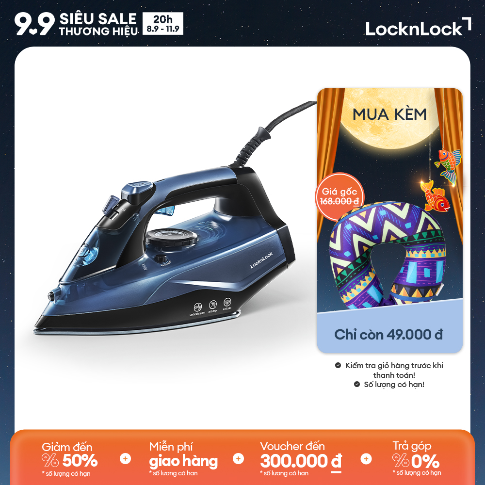 Bàn ủi hơi nước LocknLock ENI362BLU 2000-2400W, 340ml - màu xanh dương - Tăng cường phun hơi đáy  phun tia, có chế độ tự làm sạch