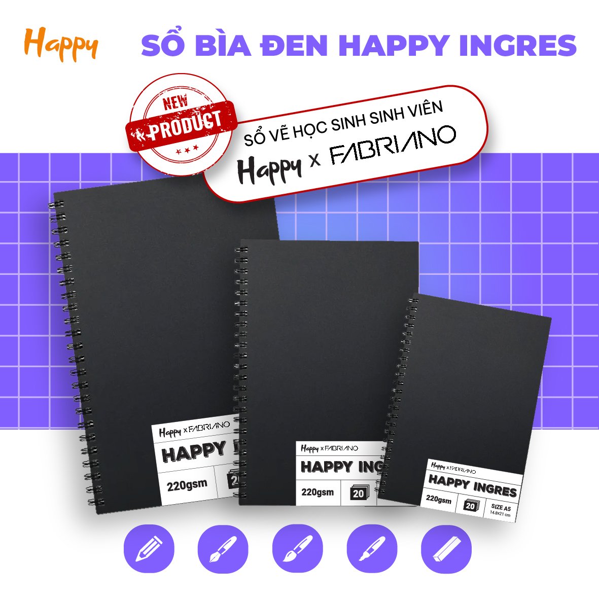 [DA ĐEN] Sổ Sketchbook Màu Nước 220gsm Bìa Đen