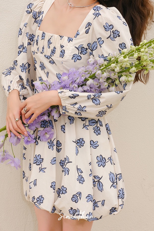 Đầm - Váy hoa nhí xanh biển bèo ngực dáng xòe ulzzang
