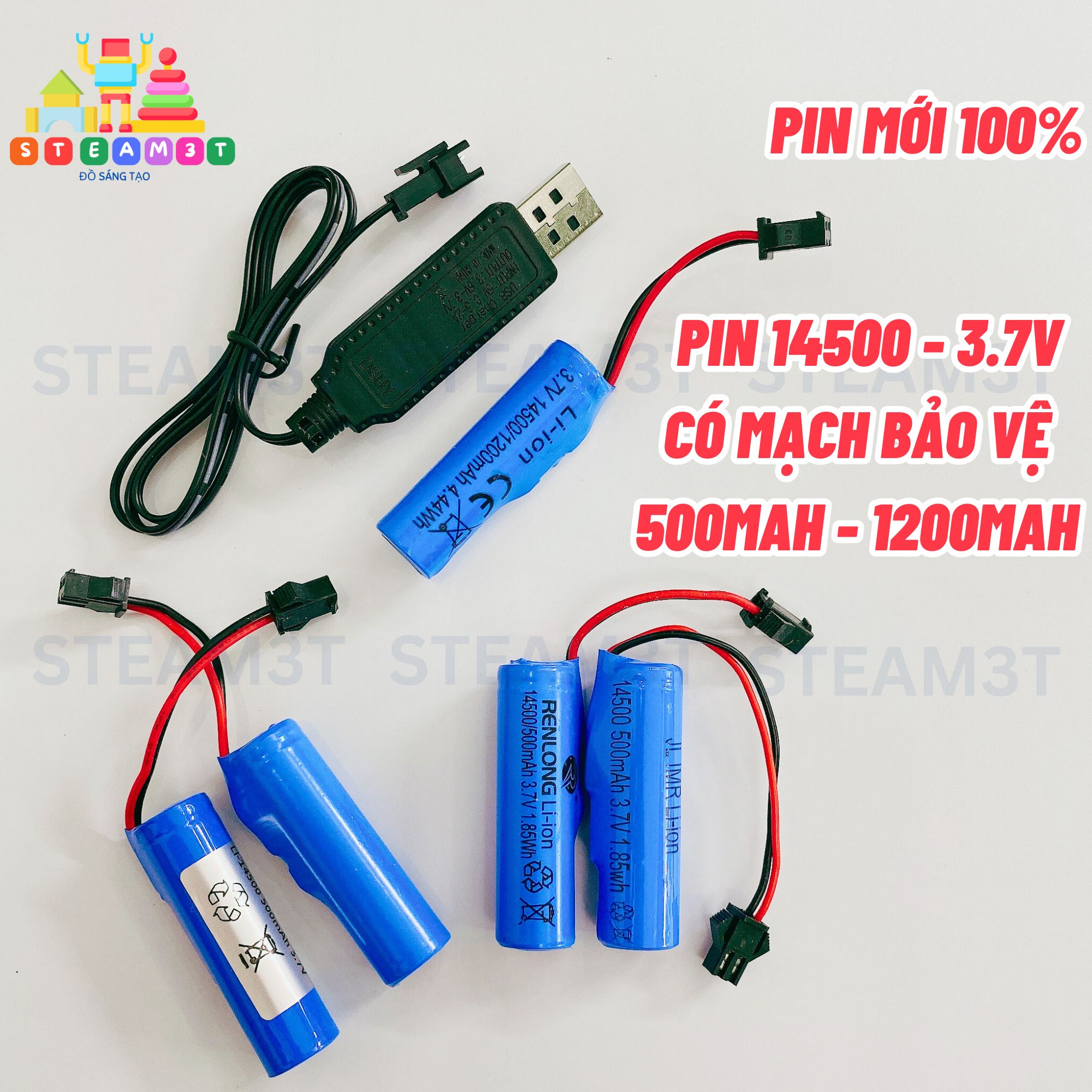 Pin sạc 14500 3.7V 500mAh 1200mAh, Pin mới 100%, Jack SM, Cho xe đồ chơi mini