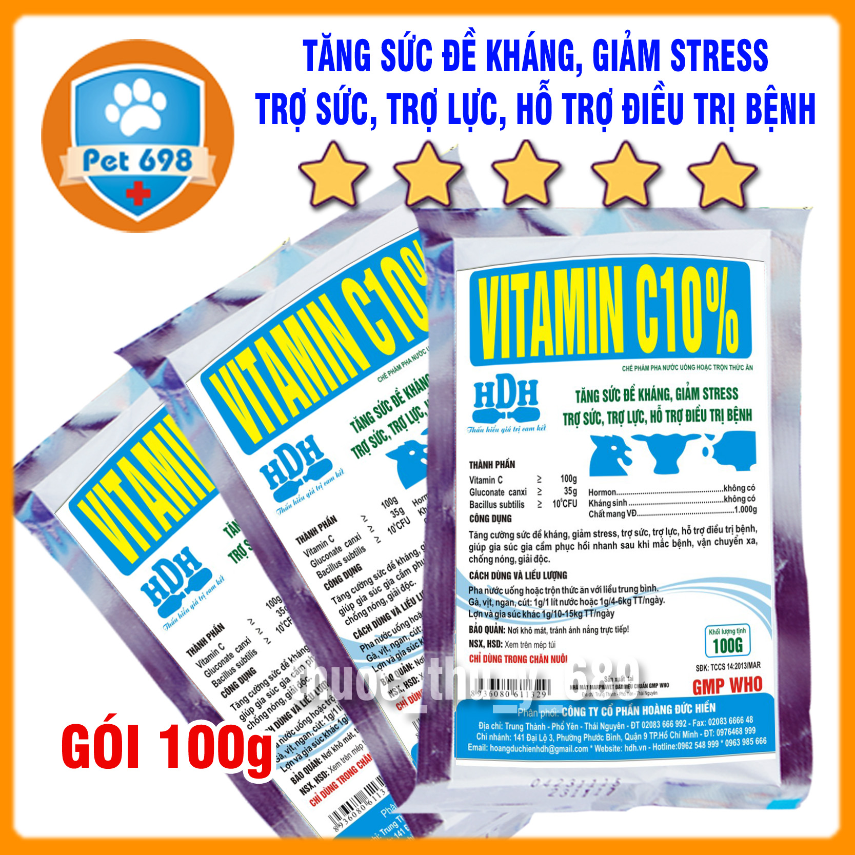 100g Bổ sung vitamin C, tăng sức đề kháng, VITAMIN C 10% HDH, giảm strees, kích thích tiêu hóa vật nuôi