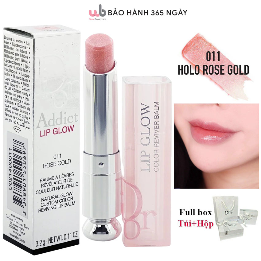 Son Dưỡng Dior 011 Rose Gold màu hồng cam Addict Lip Glow,Full Box Túi + Hộp,màu son tự nhiên,tươi tắn,Tặng kèm quà xịn.