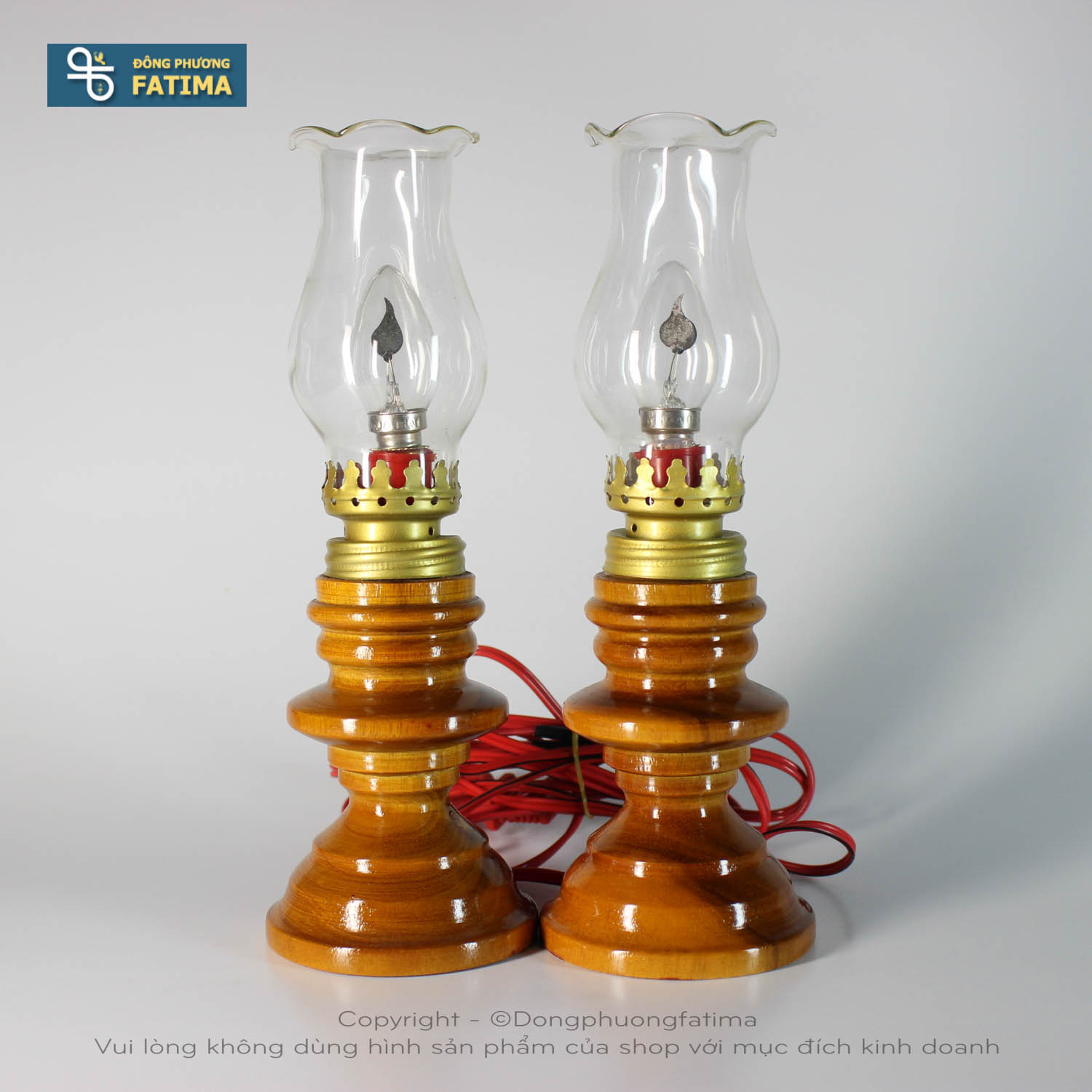 Đèn Bàn Thờ2 Cây Đèn Dầu Điện 20cm (Màu Gỗ Nâu Trầm)