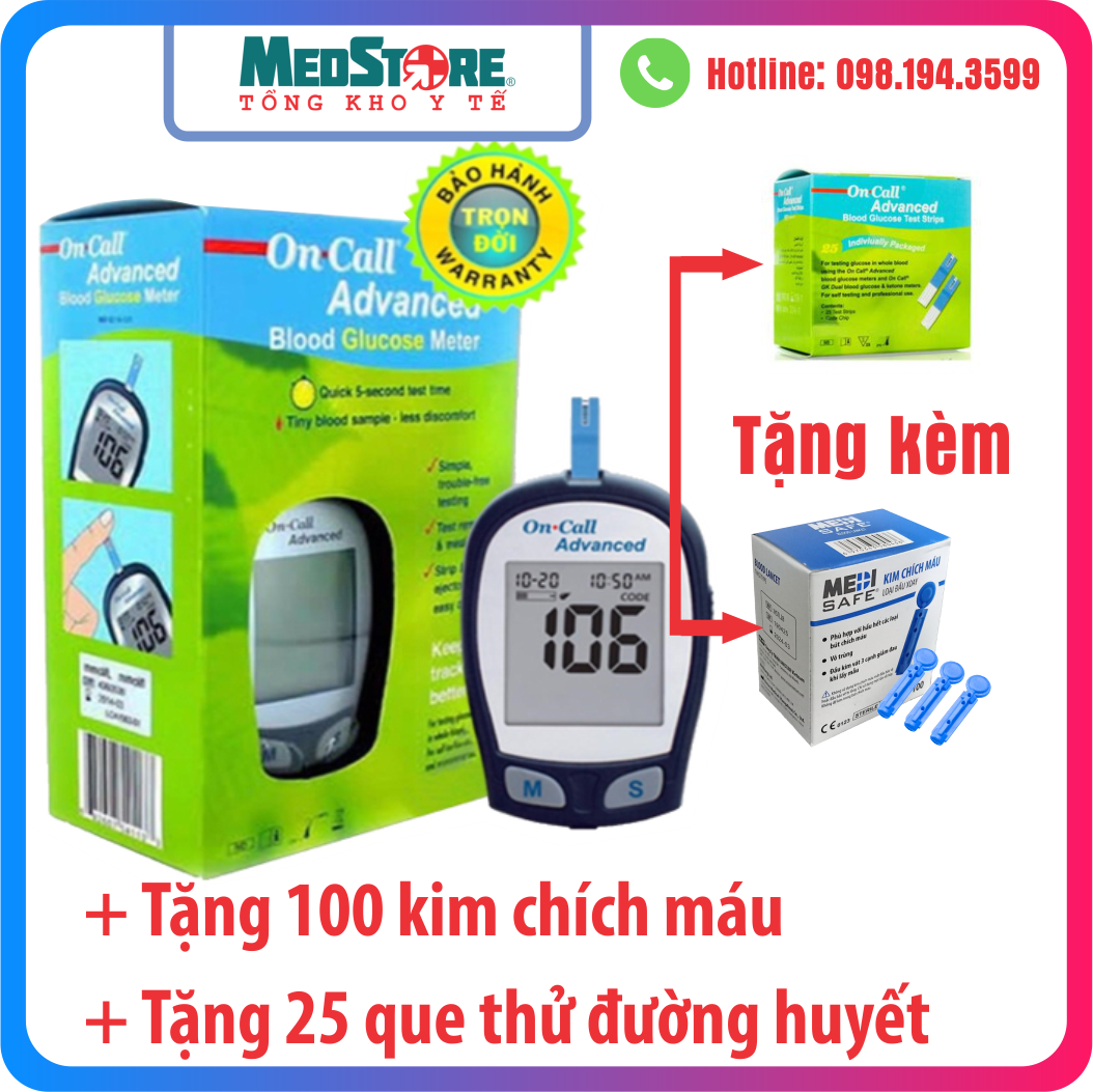Máy đo đường huyết On Call Advanced - TBYT Medstore - Máy đo tiểu đường OnCall Advanced. Tặng 25 que thử + 100 kim chích máu