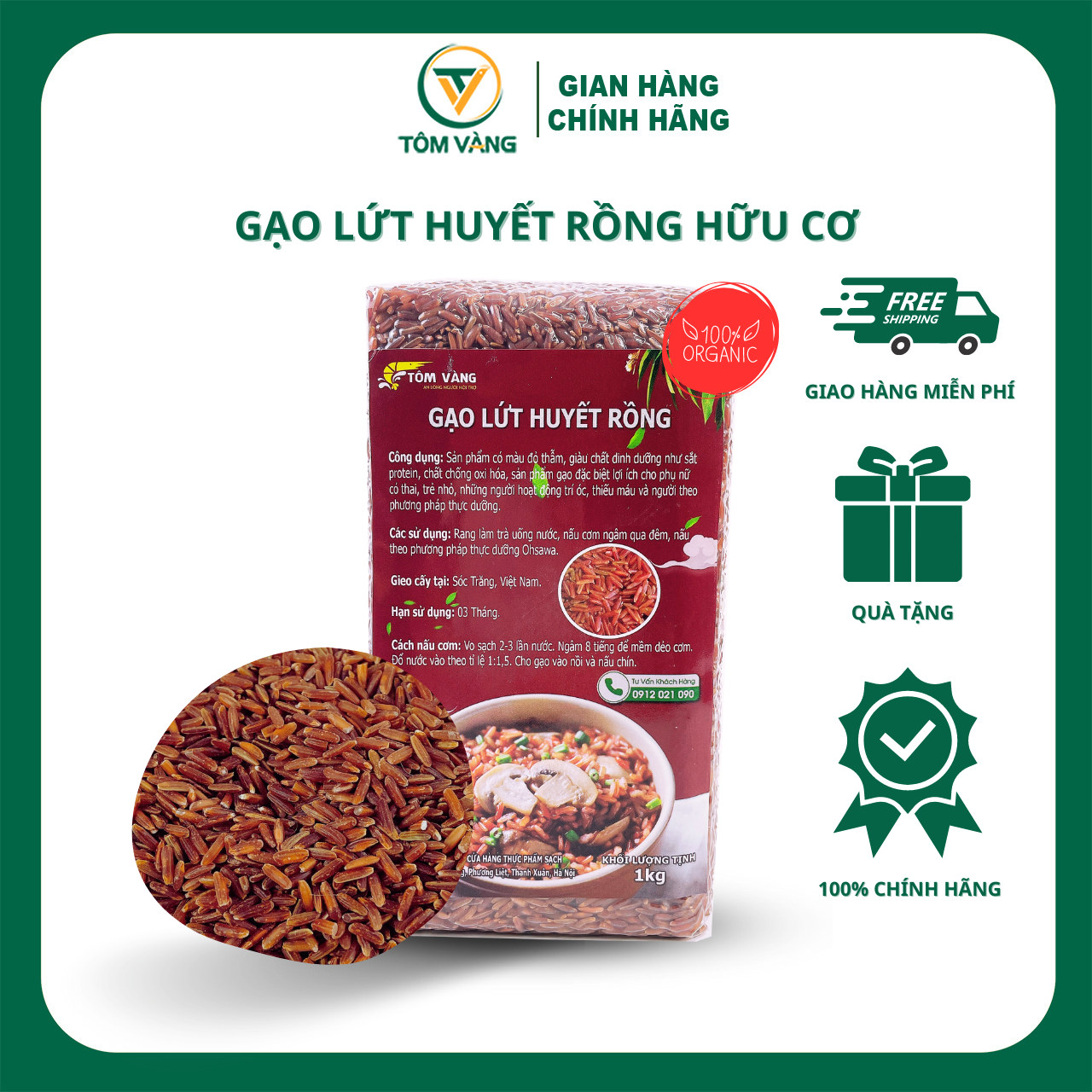 Gạo Lứt Huyết Rồng Ăn Kiêng Healthy Eatclean Tiểu Đường Thực Dưỡng Gym - Hút Chân Không 1kg - Tôm Vàng