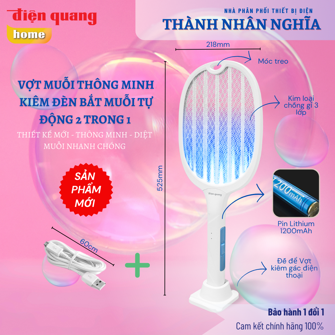 Vợt Muỗi Tự Bắt Muỗi Điện Quang ĐQ EMR10 W (Thông Minh 2 trong 1, Pin Lithium, Màu Trắng) Bảo hành 12 tháng Cam kết 1 đổi 1