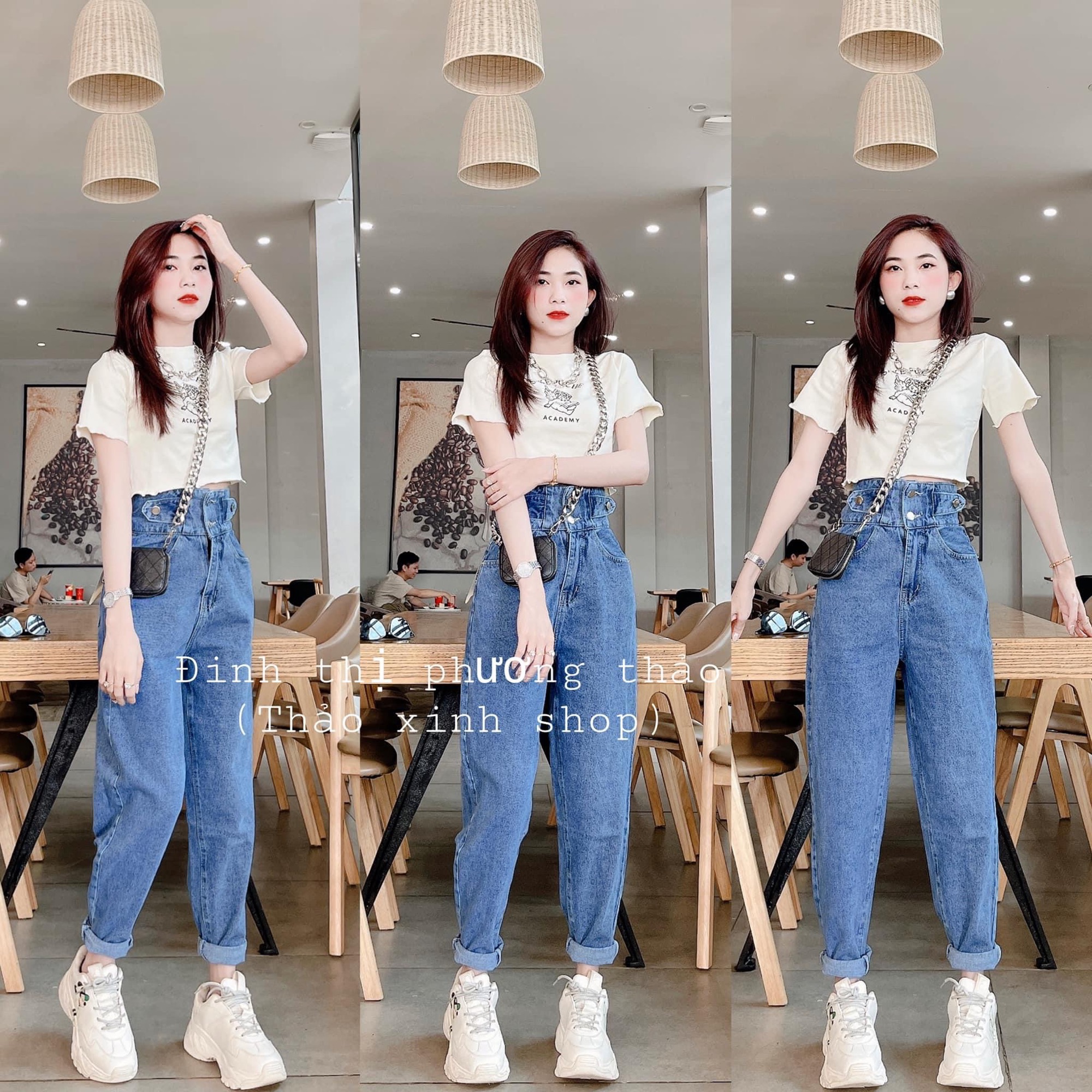 Baggy jeans 2 nút đai nút + crop sakapoche