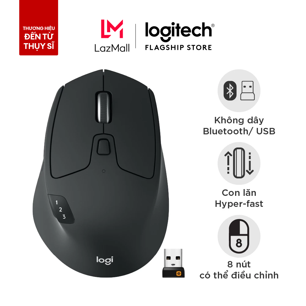 Chuột không dây, bluetooth đa thiết bị Logitech M720 Triathlon - Làm việc với 3 máy tính, Nút cuộn siêu nhanh, Bluetooth Smart và kết nối không dây 2.4GHz