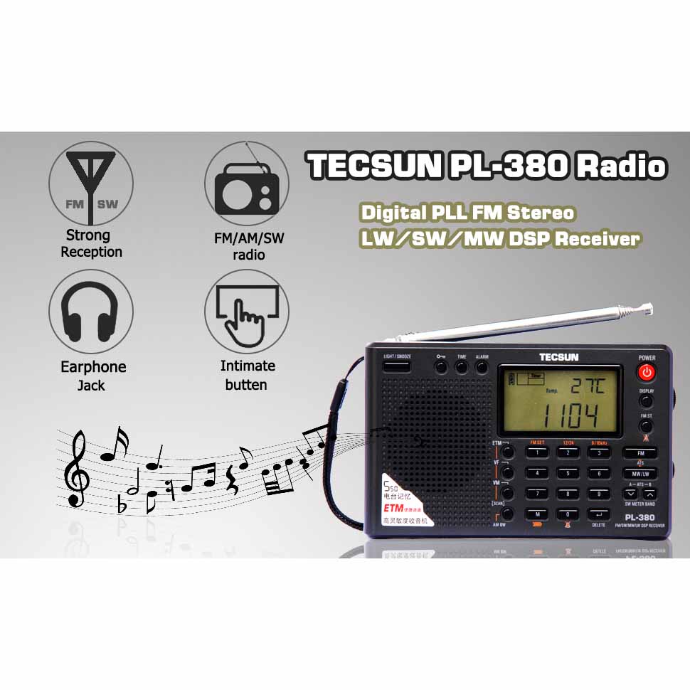Tecsun PL-380 Đài phát thanh toàn dải kỹ thuật số Giải điều chế Đài phát thanh di động âm thanh nổi FM / LW / SW / MW Bộ thu DSP Đài phát thanh Internet