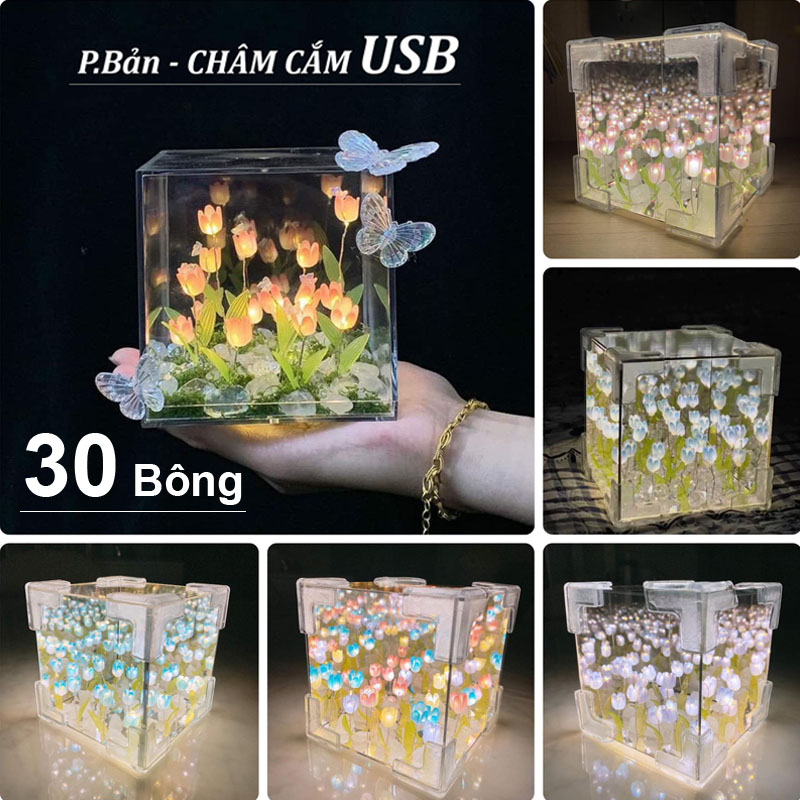 (TÚI QUÀ + CHARM) Hộp đèn Hoa Tulip tráng gương đèn ngủ hoa tuylip khung vuông Decor Phòng Ngủ Chill - Làm Quà Tặng