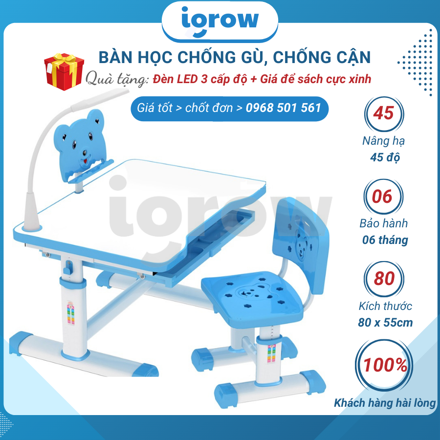 Bàn học trẻ em nâng hạ full đè led + ghế + giá đỡ sach, bàn học trẻ em chống gù chống cận