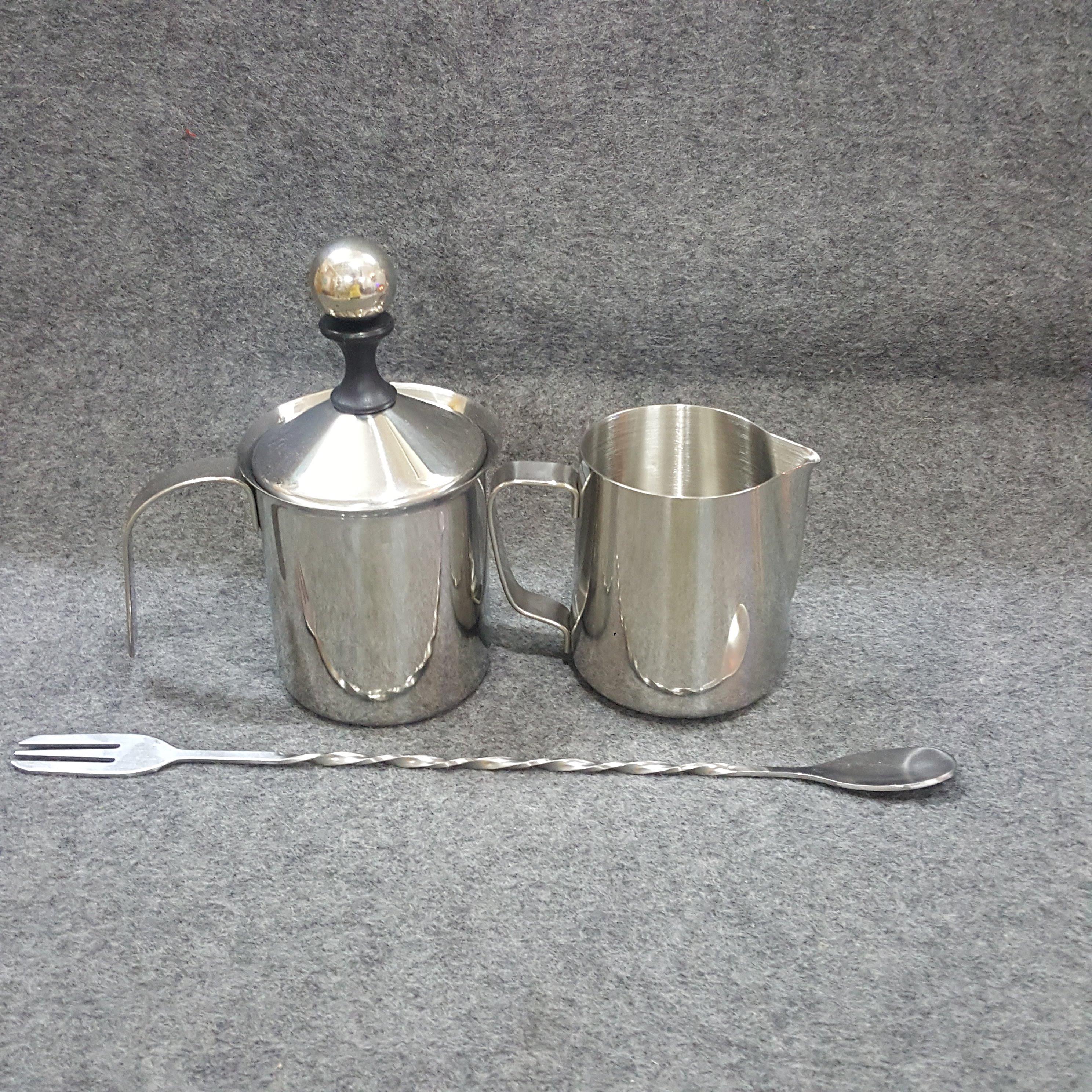 [HCM]Combo ca đánh sữa inox 400ml, ca rót sữa inox 350ml và 1 muỗng 2 đầu inox 32cm