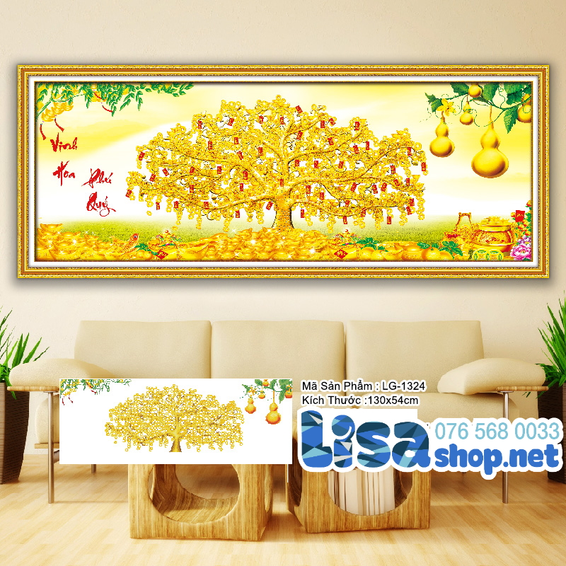 Tranh đính đá cây tiền vàng 129x50cm chưa đính lg1324