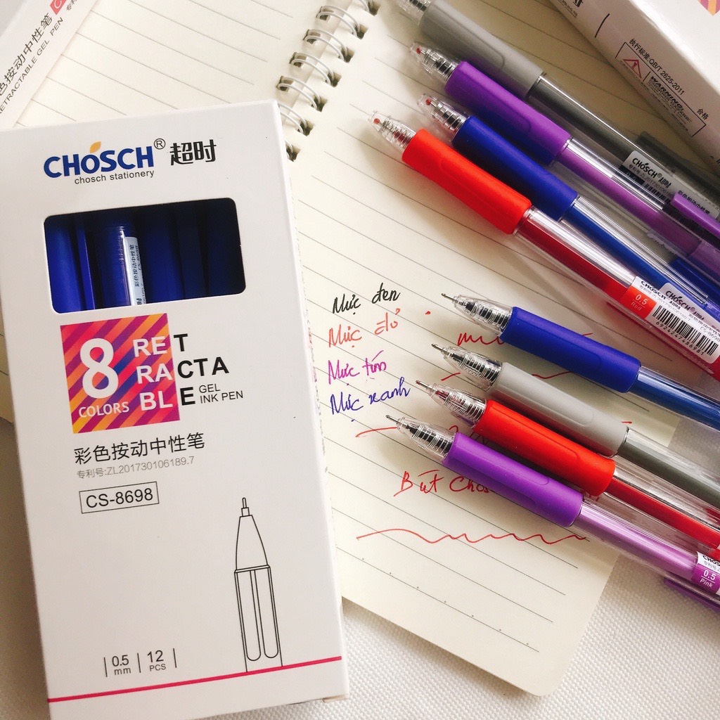 Hộp 12 cây bút bi nước Chosch, bút gel văn phòng dạng bấm ngòi 0.5mm viết êm mực đều - chosch 8698
