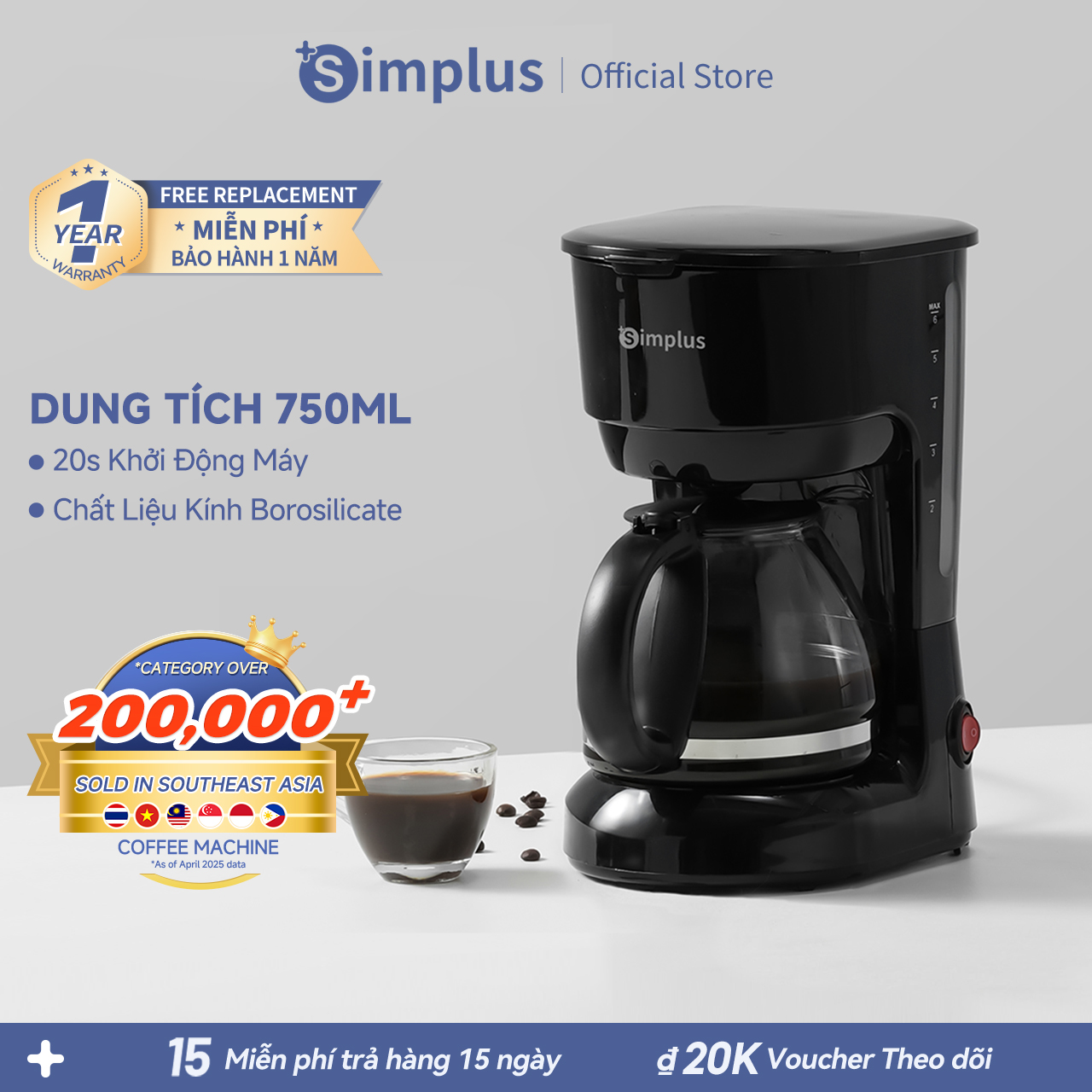  Simplus Máy pha cà phê Máy pha cà phê lọc gia đình  Dung tích lớn 750ml Pha trà pha cà phê tiện dụng KFJH011- Bảo hành 1 năm 1 đổi 1 