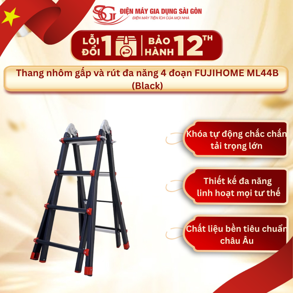Thang nhôm gấp và rút đa năng 4 đoạn FUJIHOME ML44B (Black)