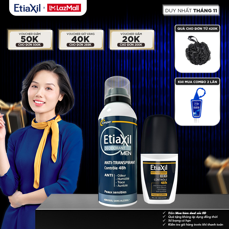 Combo Xịt khử mùi 150ml Và Lăn Khử Mùi ETIAXIL Men hằng ngày 50ml
