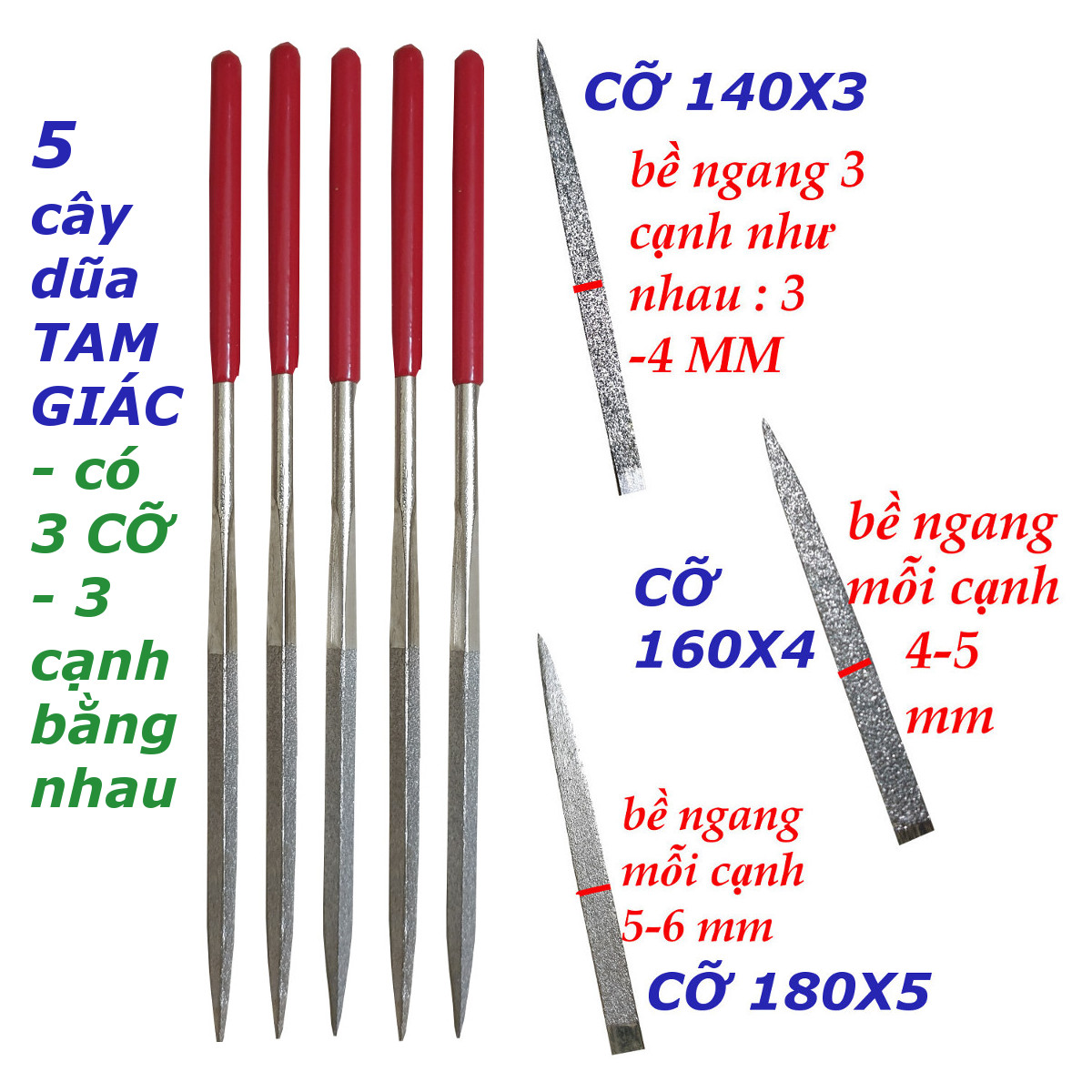 5 cây dũa TAM GIÁC chất liệu hợp kim có 3 kích cỡ để chọn 180x5 - 160x4 - 140x3