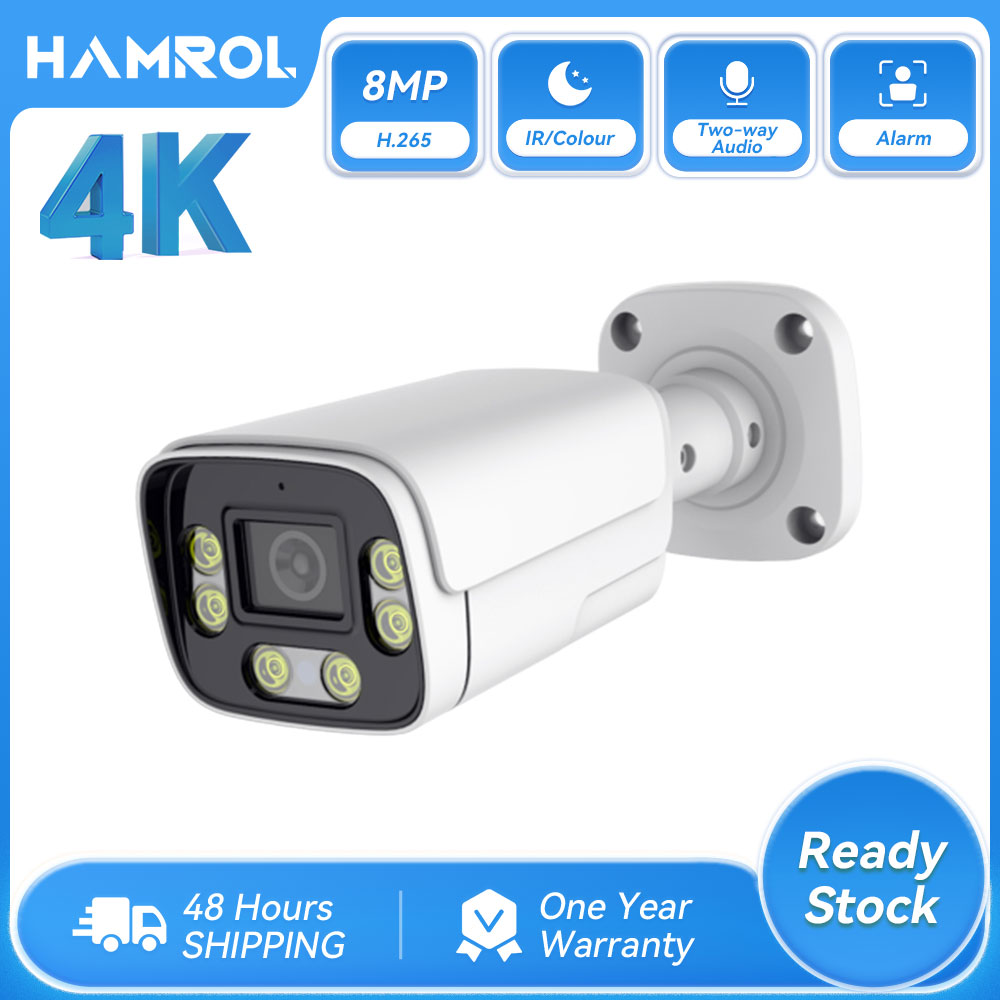Hamrol 8mp 5mp 4mp 2mp poe ip waterproof camera two-way audio outdoor camera color night vision security cctv camera p2p