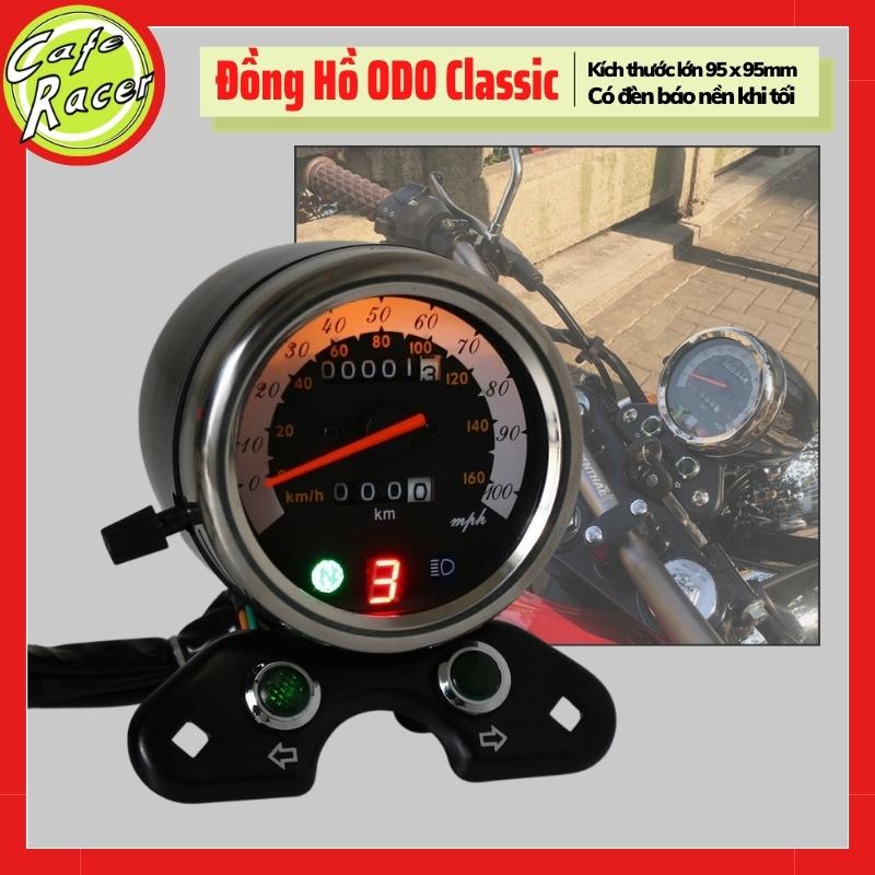 Đồng hồ đo KM xe máy classic loại lớn có kèm báo số, đèn nền khi tối dùng cho xe máy độ CAFE RACER TRACKER CUB WIN Honda 67 GN125 CG125