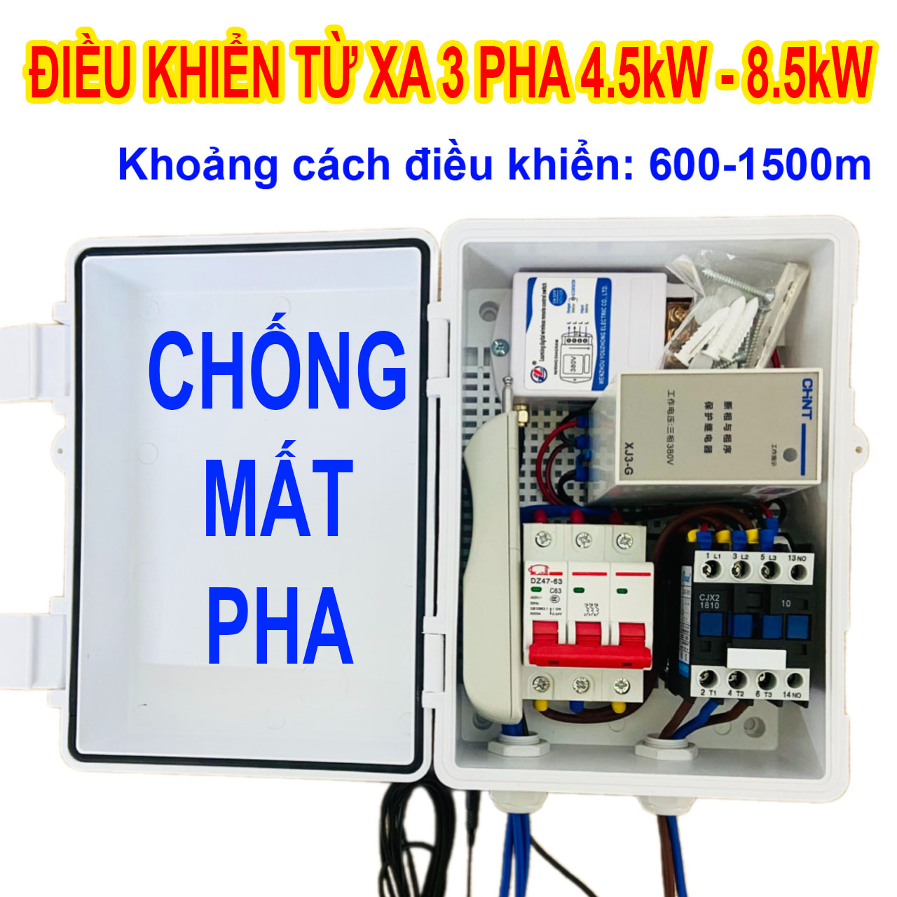 Tủ điều khiển từ xa 3 pha 380v chống mất pha - bảo vệ pha, cho máy bơm, máy phun thuốc máy rửa xe... điều khiển bằng remote