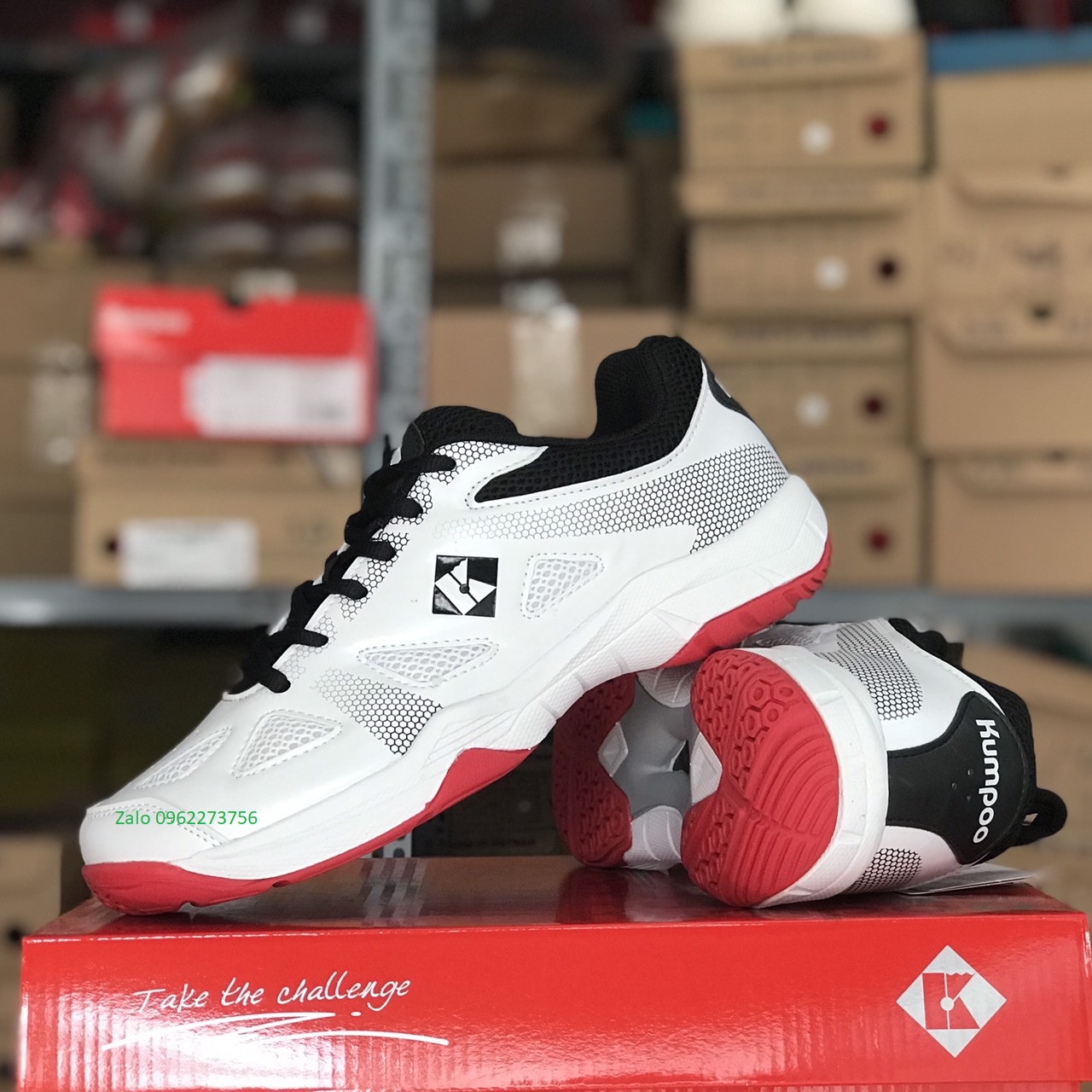 Giày bóng chuyền nam nữ Kumpoo E23 - Hàng công ty, Giày cầu lông nam nữ Kumpoo E23 màu trắng đen cao cấp, đế kép, form ôm chân, chống lật cổ chân