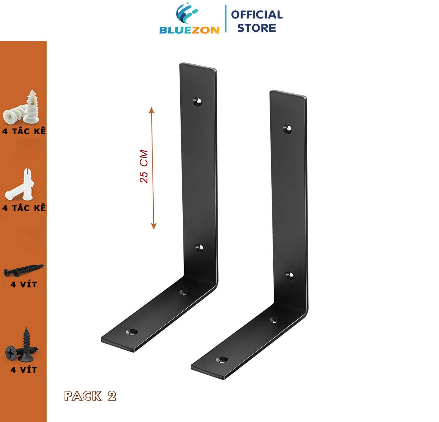 Bộ 2 giá đỡ chữ L ke bàn treo tường bằng thép phủ sơn tĩnh điện, kèm phụ kiện vít tắc kê