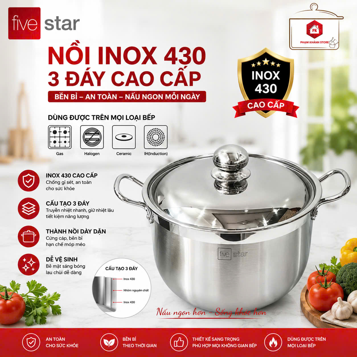 Nồi inox 3 đáy fivestar n32-3d 32cm sử dụng được trên mọi loại bếp
