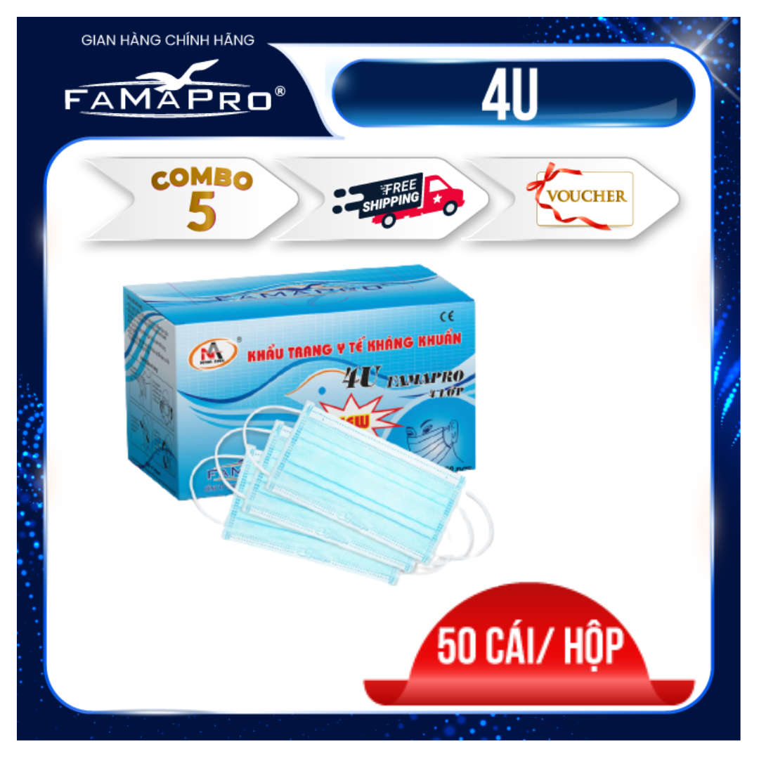 Combo 5 hộp khẩu trang y tế 4 lớp kháng khuẩn Famapro 4U (50 cái / Hộp)
