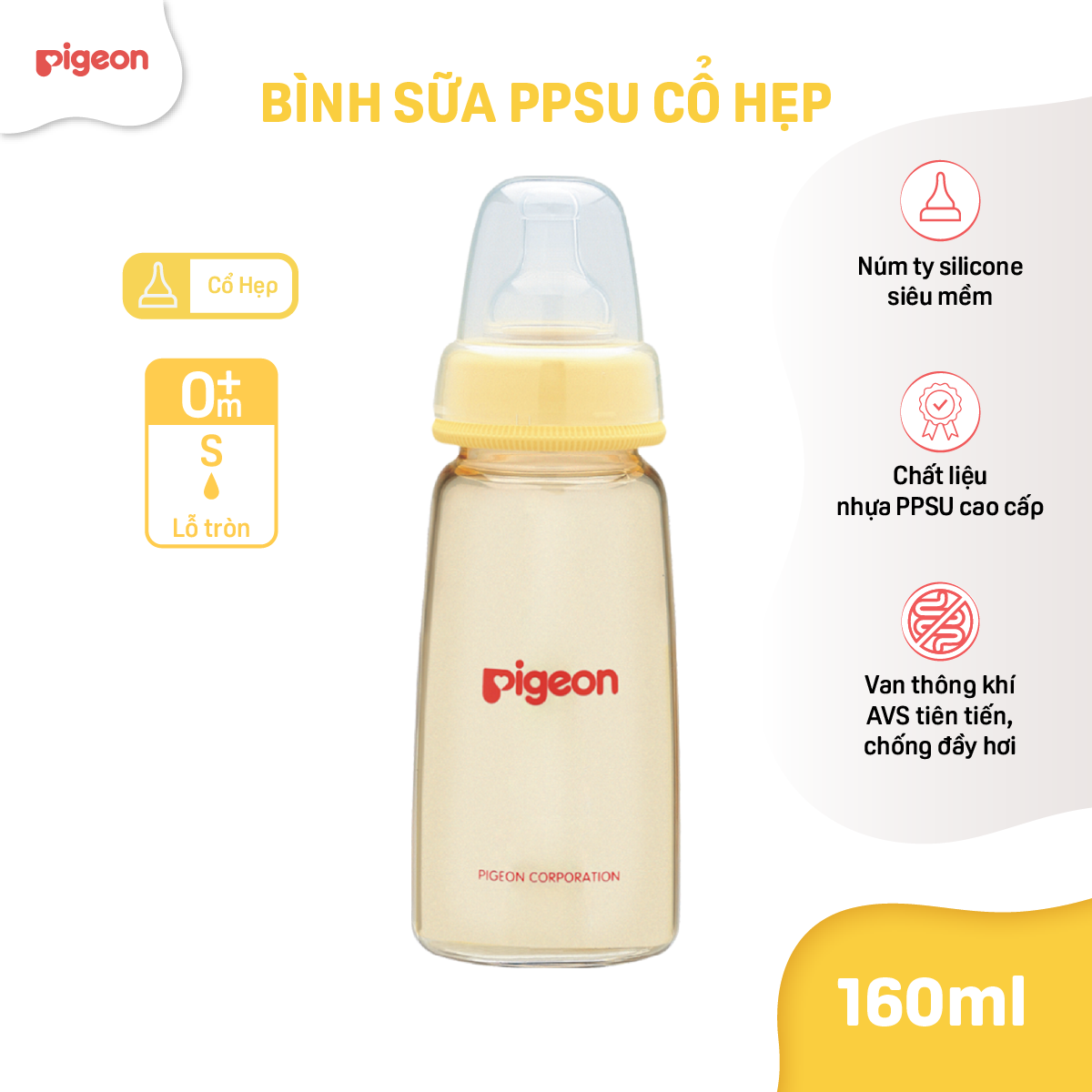 Bình Sữa Cổ Hẹp PPSU Pigeon 160ml (S)