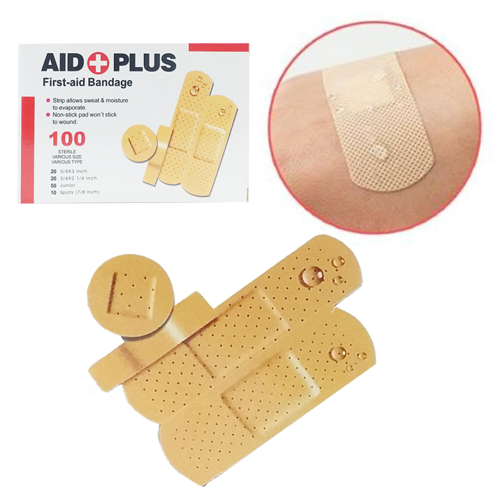 Hộp 100 miếng băng dính cá nhân che vết thương - 4 SIZE TIỆN DỤNG AID PLUS