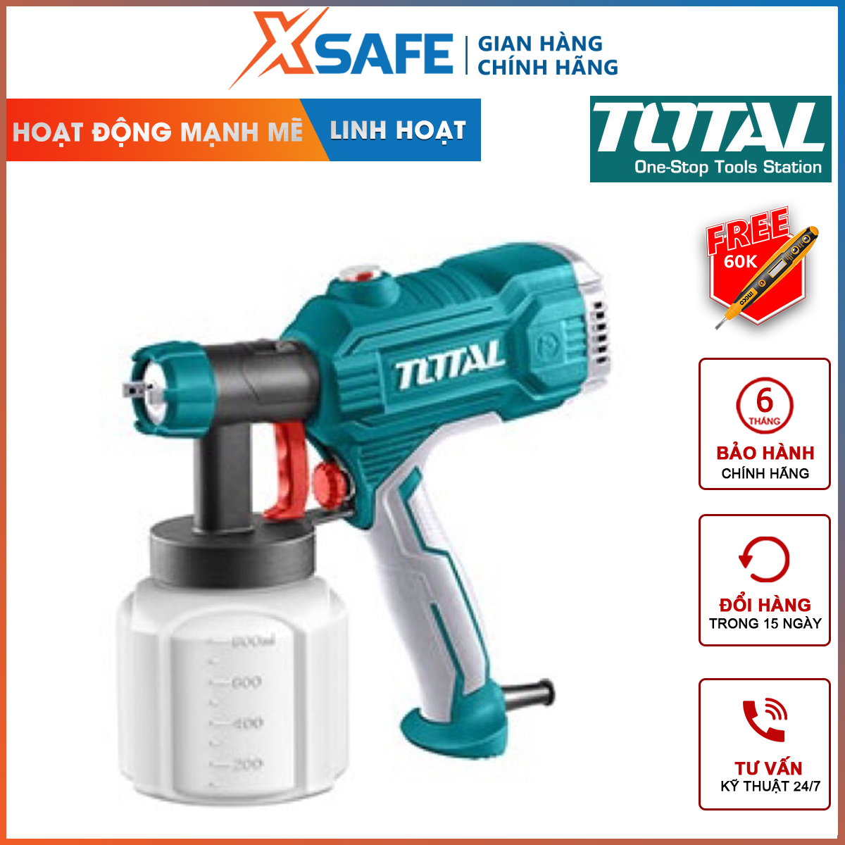 Máy phun sơn dùng điện total tt3506 súng phun sơn 220-240v~50/60hz, công suất 450w, 380ml / phút, 800ml, 06 / 08mm sơn gỗ, sơn ô tô, nội thất, xe máy, ngành da, nhựa phun sơn mịn, đều, tiện lợi