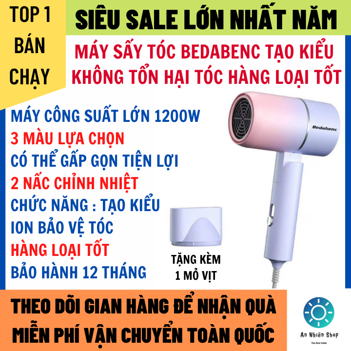 Máy Sấy Tóc BEDA Gấp Gọn Tiện Lợi Tặng Kèm 1 Mỏ Vịt Tạo Kiểu Bảo Hành 12 Tháng - Máy Sấy Tóc Mini Cho Mọi Gia Đình, Máy Sấy Tóc Tạo Kiểu, Máy Sấy Tóc Beda