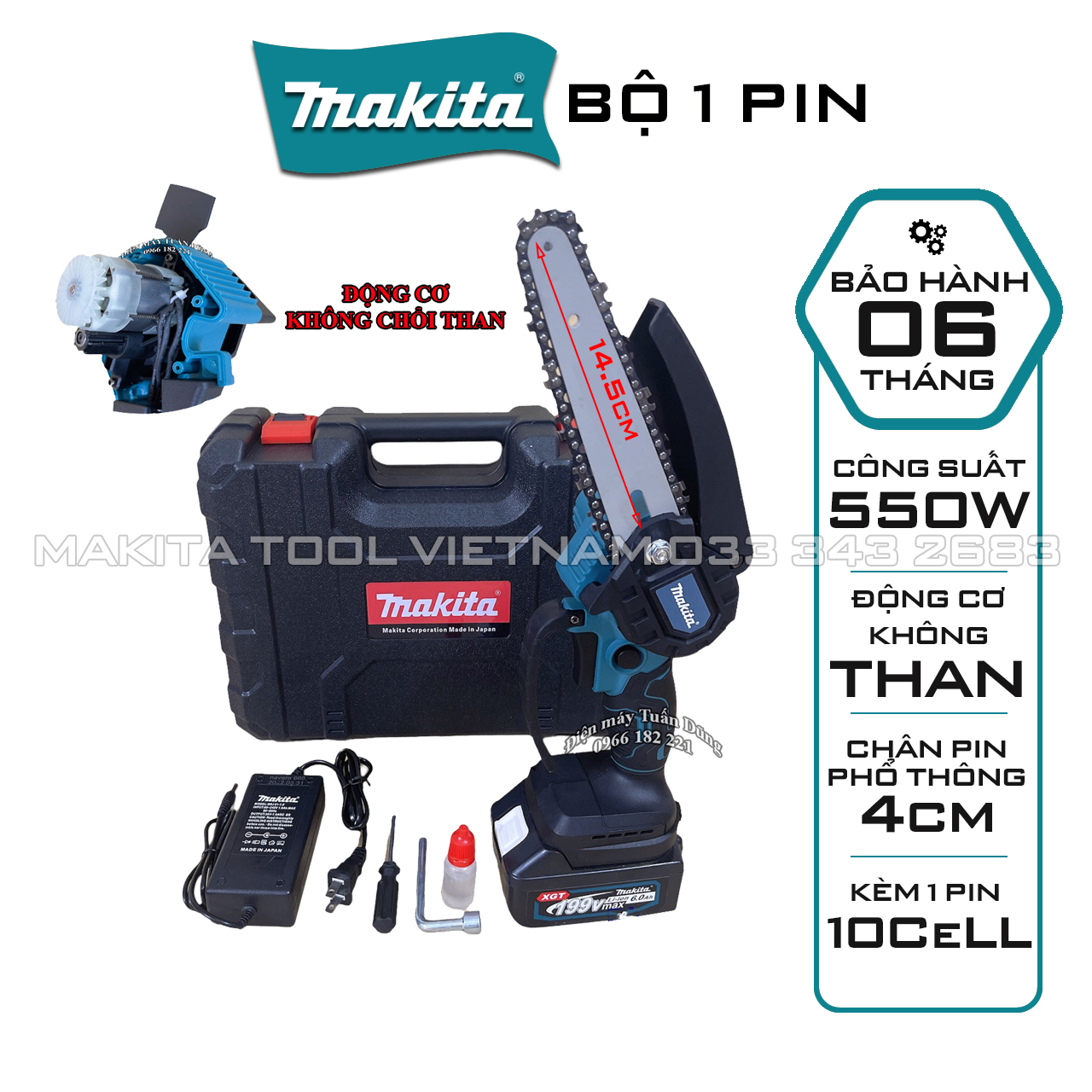 Máy cưa xích chạy pin Thương hiệu Makita 199V ĐỘNG CƠ KHÔNG CHỔI THAN Dụng cụ cần thiết cho gia đình tỉa cành cắt cây