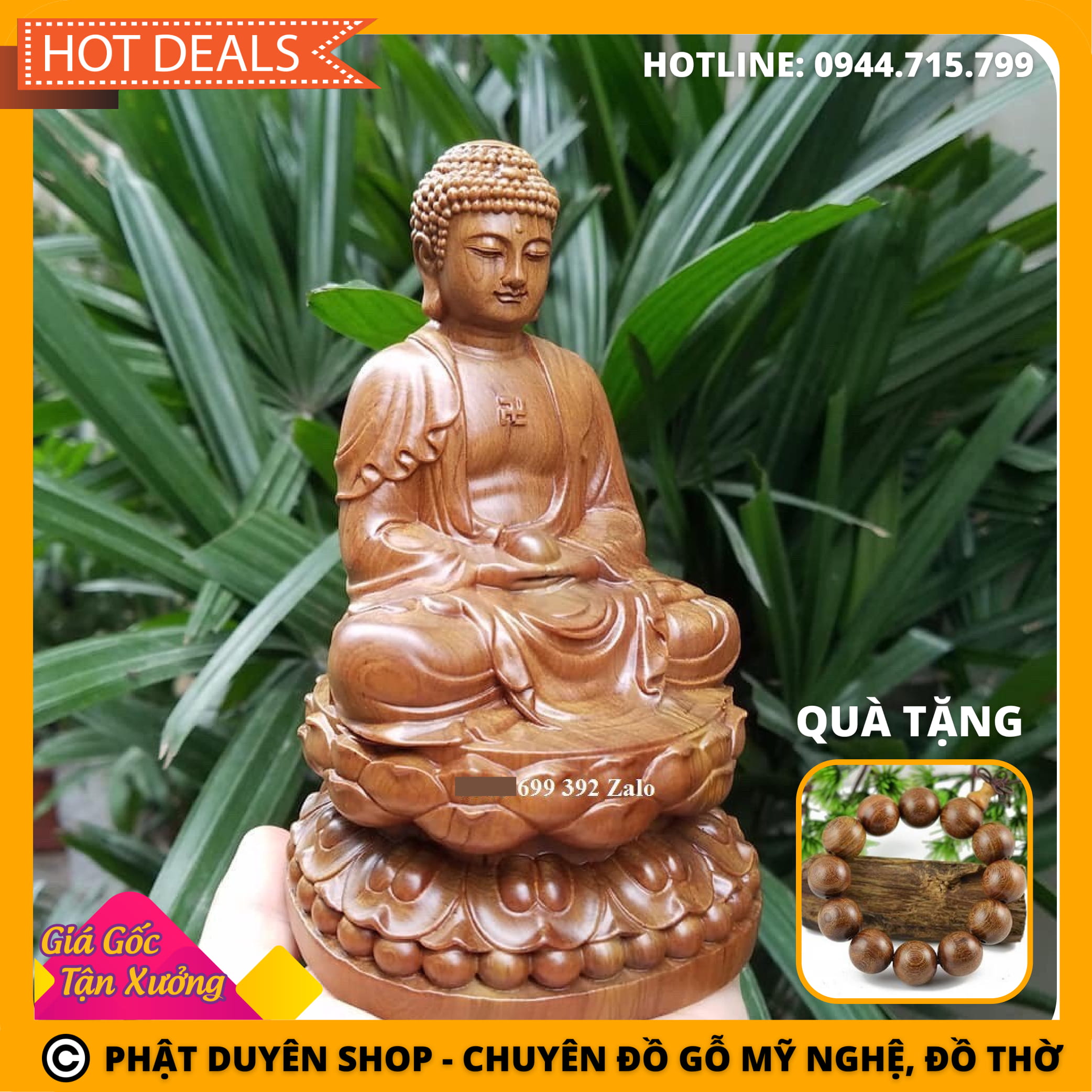 Tượng phật a di đà gỗ bách xanh + Quà tặng 01 Vòng gỗ đeo tay
