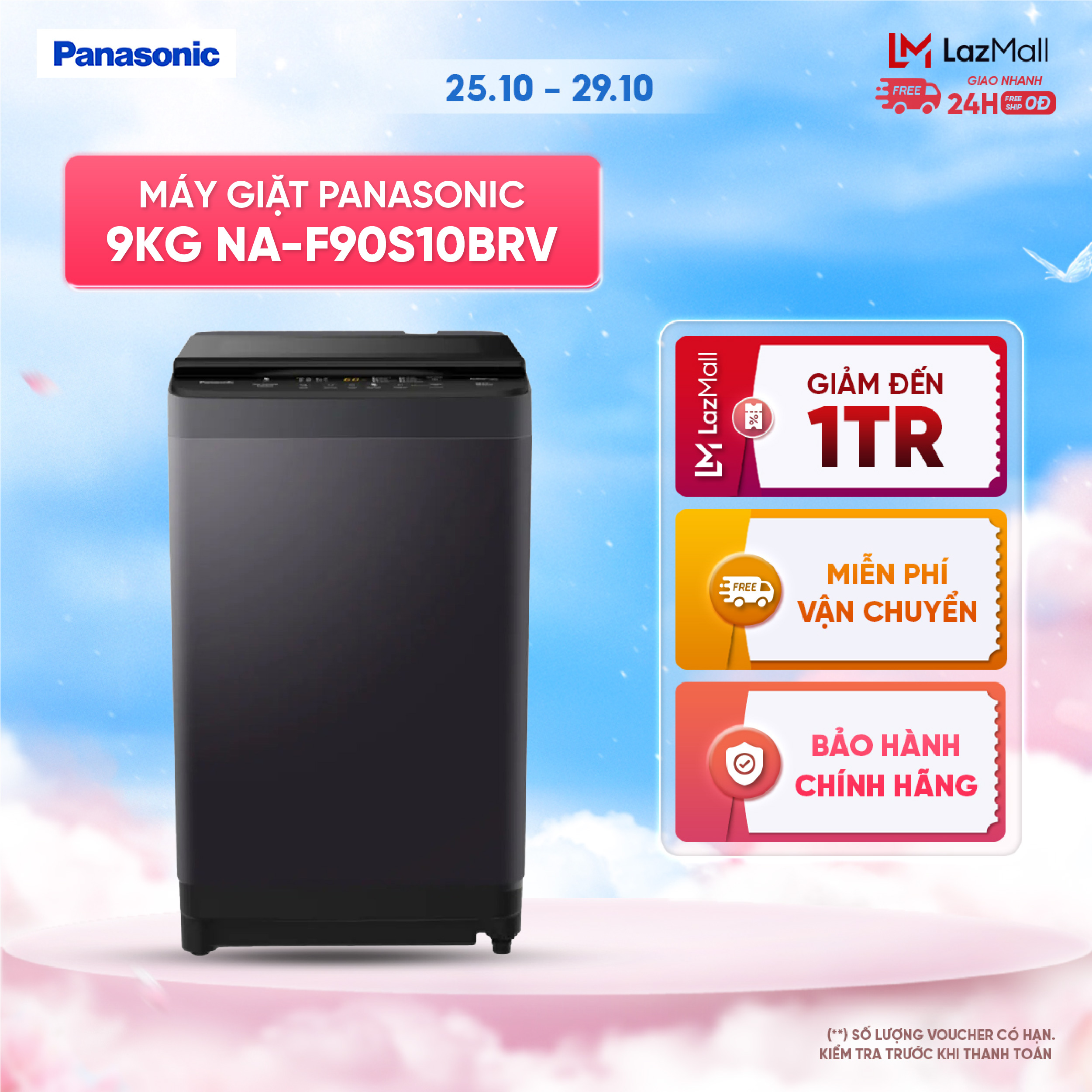 [Trả góp 0%] [Lắp đặt toàn quốc] Máy giặt cửa trên Panasonic 9Kg NA-F90S10BRV - Bảo Hành Chính Hãng 