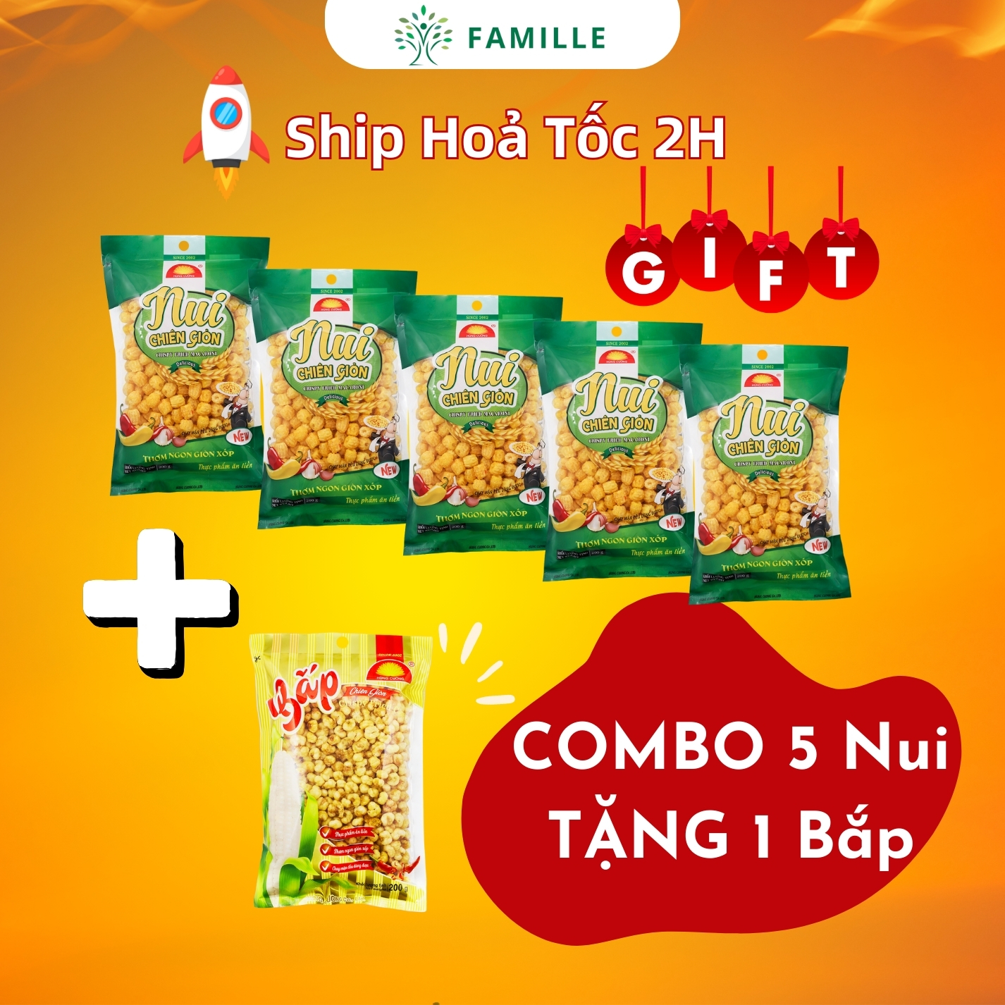 Combo 5 Nui Chiên Giòn 200g Tặng 1 Bắp Chiên Giòn | Ăn Chay Được | Đồ Ăn Vặt | Nui Chiên | Nui Chiên Hùng Cường | Nui Sấy | Nui | Đồ Khô |