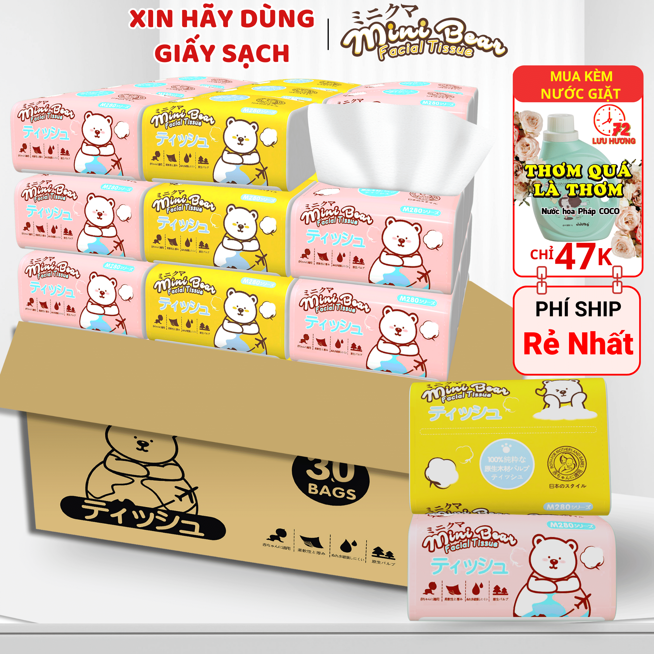 Khăn giấy minibear thêm dày giấy ăn thùng 30 gói/ 16 gói 100% bột gỗ nguyên sinh