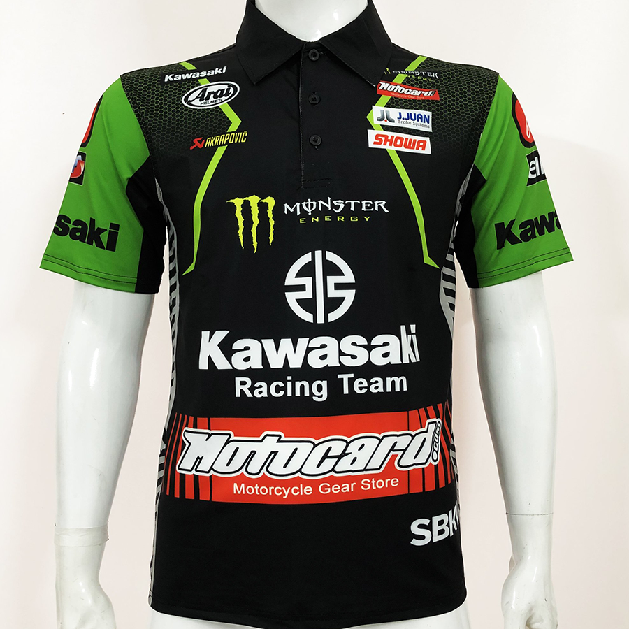 Áo thun nam có cổ tem xe Kawasaki Racing Team