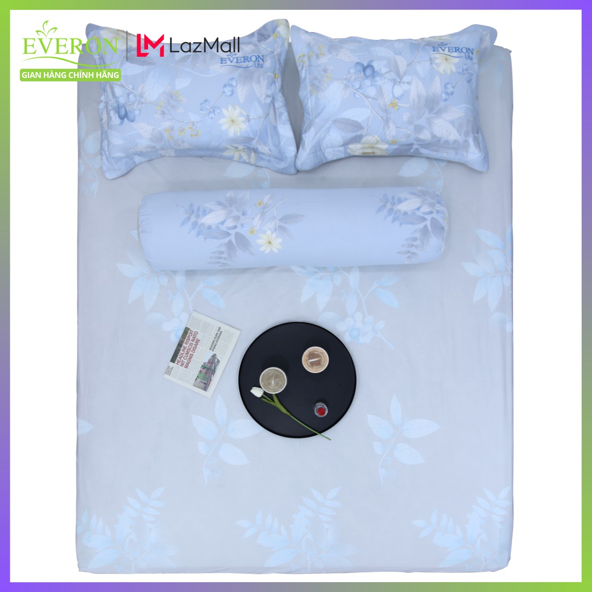Bộ ga giường Cotton Xanh In Hoa Everon Lite ELCP105 (4 món) gồm 1 ga giường, 2 vỏ gối nằm, 1 vỏ gối ôm  Everon chăn ga gối nệm Hàn Quốc