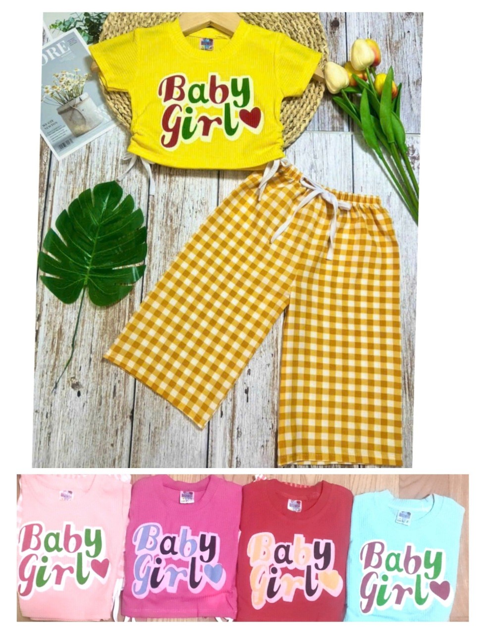 Bộ thun gân phối quần lụa ống rộng bé