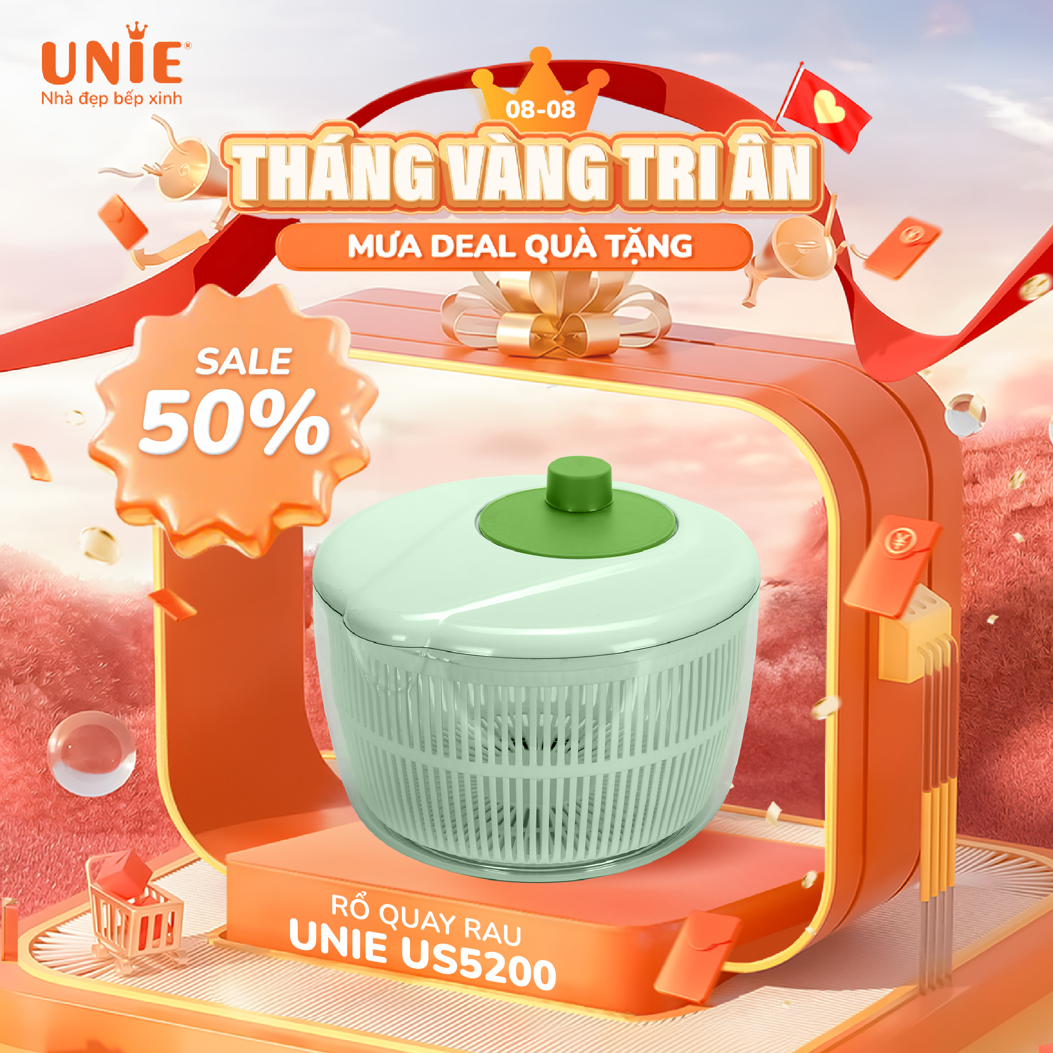 Rổ quay rau ly tâm Unie US5200 dung tích 5,2L quay vắt nhanh chóng không bị dập nát, chất liệu ABS và PP an toàn
