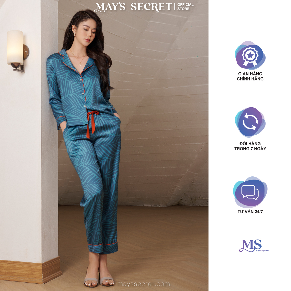 Bộ pyjamas lụa Twill Silk dài tay quần dài hoạ lá xanh - May's Secret