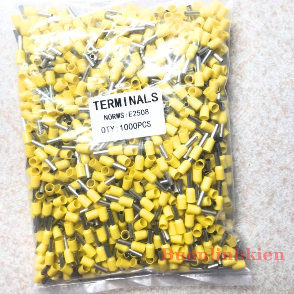 1000 Đầu cos pin rỗng E2508, đầu cốt kim rỗng bọc nhựa, đầu cos dây điện  2.5mm