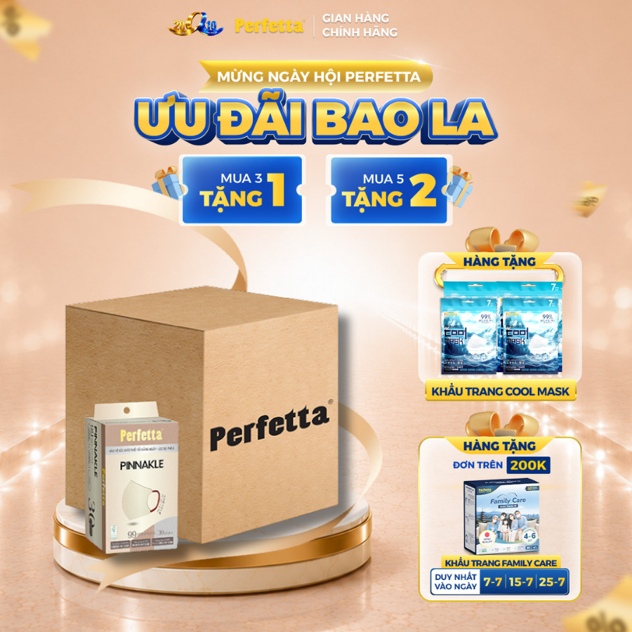 Thùng 300 Cái Khẩu Trang Perfetta Pinnakle, Chuẩn From 5D, Lọc Bụi Mịn PM 2.5 (30 cái/hộp)