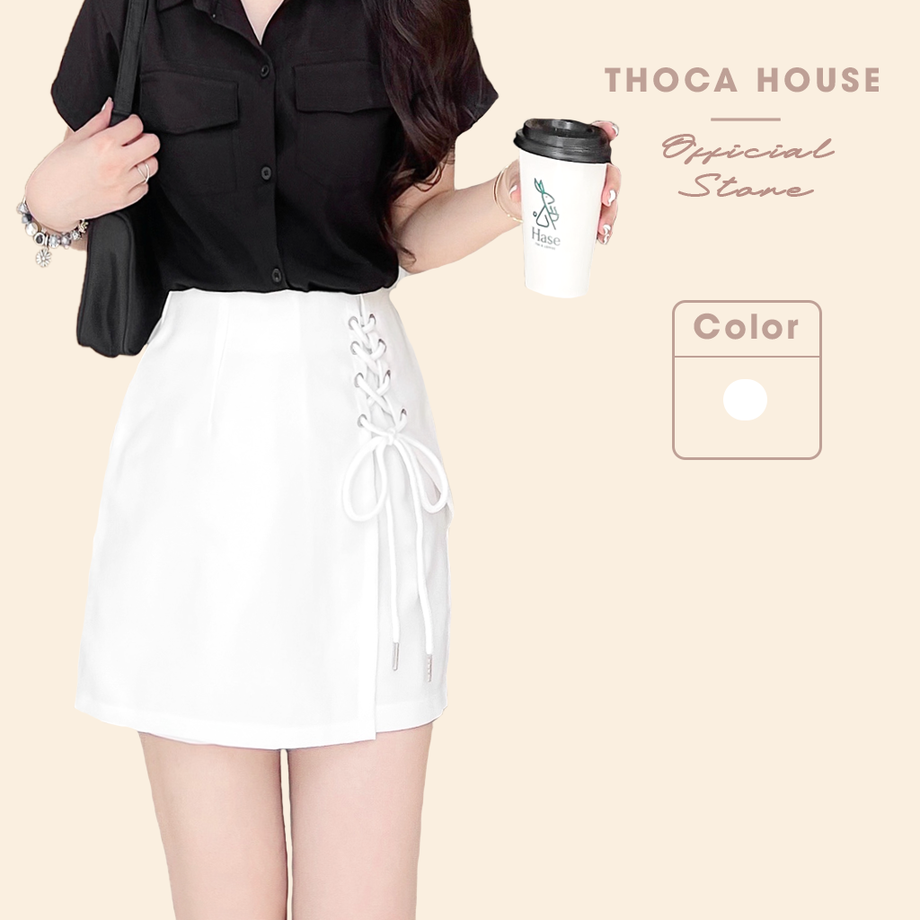 Quần giả váy kiểu ngắn đan dây bên trắng THOCA HOUSE phù hợp mặc đi chơi, đi học, công sở, tiệc tùng