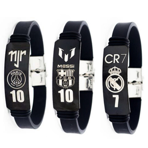 Vòng tay bóng đá 7.0 dây silicone mặt hợp kim cao cấp in logo các ngôi sao bóng đá ronaldo, messi, neymar