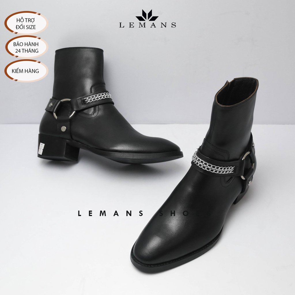 Harness Boots LéMans, bốt cao cổ kéo khoá YKK, tặng dây da trang trí, đế cao 5cm, da bò BH 24T