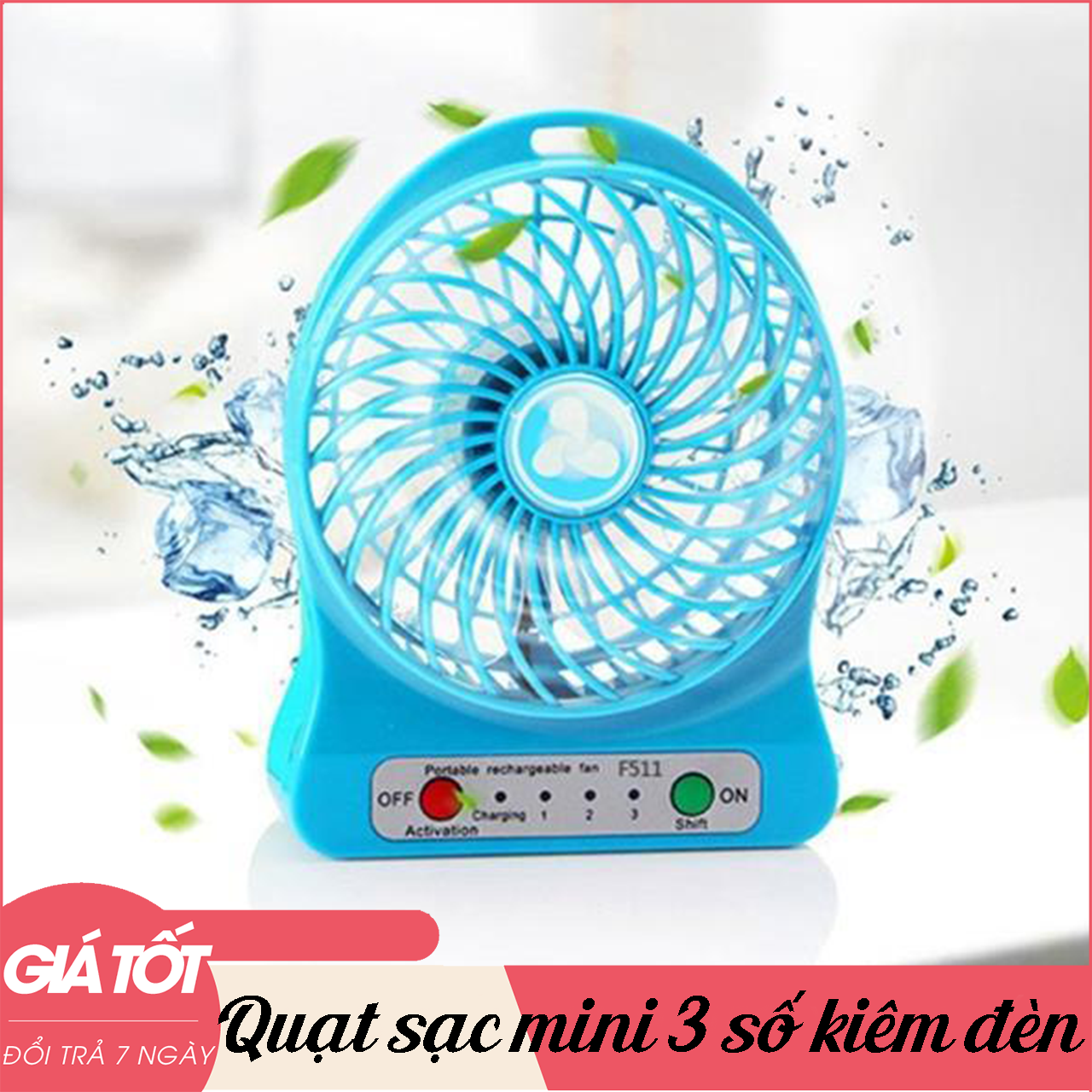 Quạt mini cầm tay du lịch có pin sạc tích điện tuỳ chỉnh 3 cấp độ siêu mát, quạt sạc mini 3 số kiêm đèn
